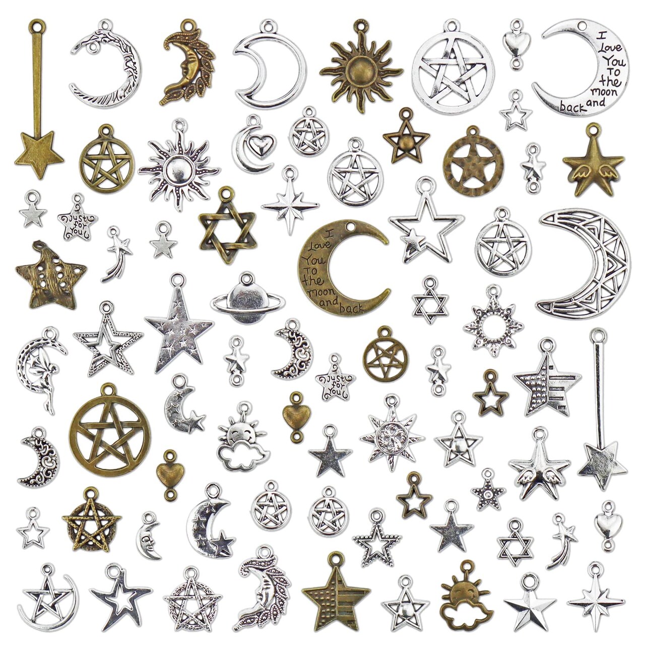 JIALEEY Celestial Mixed Sun Moon Star Charms, Wholesale Bulk Lots Antique  Alloy Charms Pendants DIY for Necklace Bracelet Jewelry Making and  Crafting, 100g(74PCS)